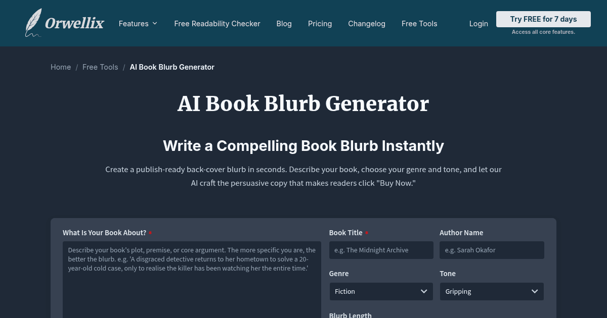 Free AI Book Blurb Generator