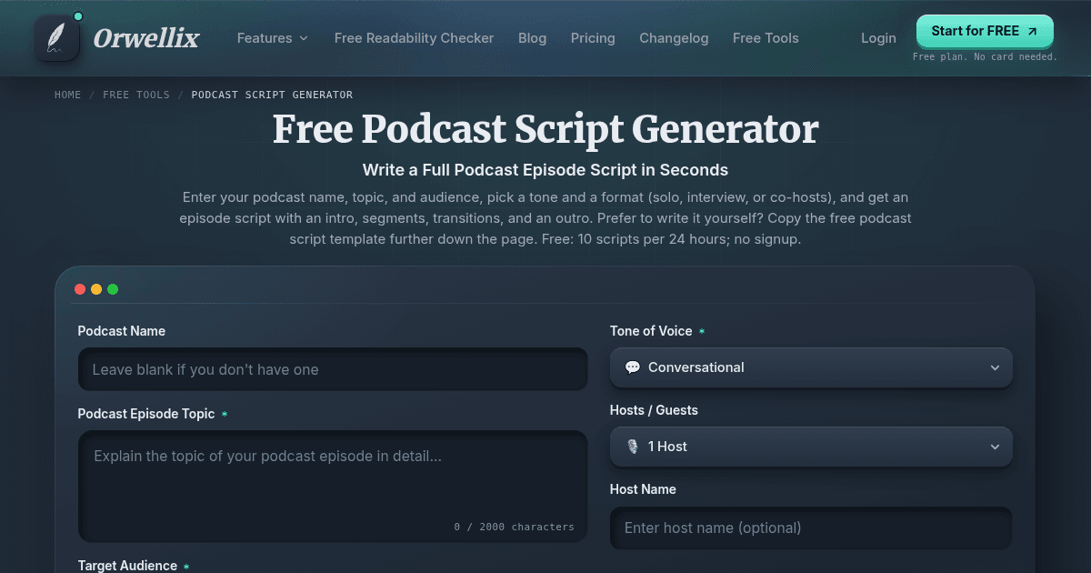 Free AI Podcast Script Generator | Orwellix