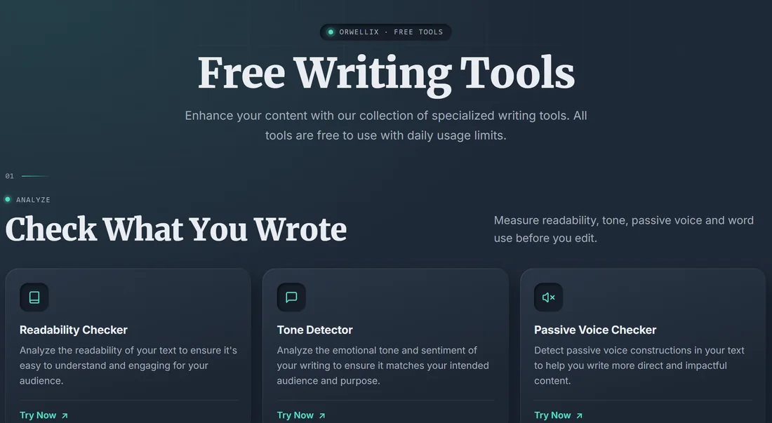 The Orwellix free tools page, showing the Readability Checker, Tone Detector and Passive Voice Checker